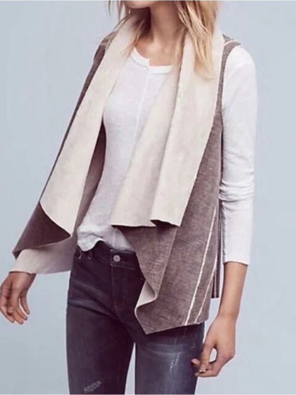 Amadi Anthropologie Soft Gray/Cream Draped Kady Sherpa Open Front Vest Size L